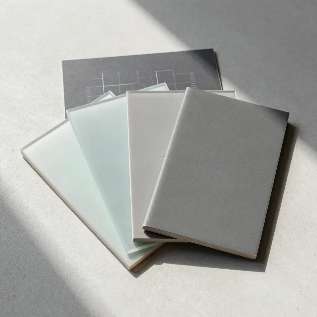 Overhead flatlay of translucent competitor tiles, graphite sleeve, and sample tiles on concrete.