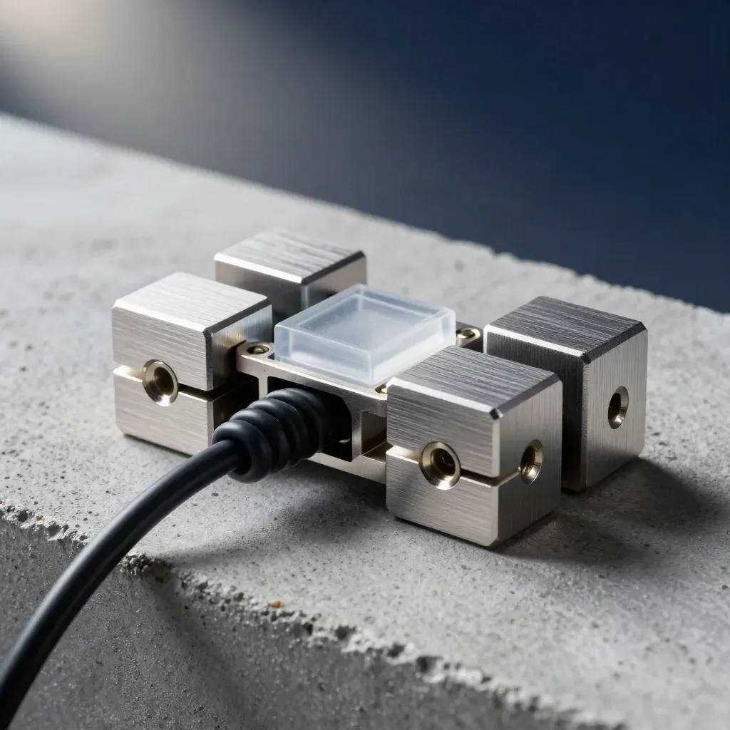 Macro of brushed aluminum SEO modules, cable coil and translucent chip on concrete with navy glow