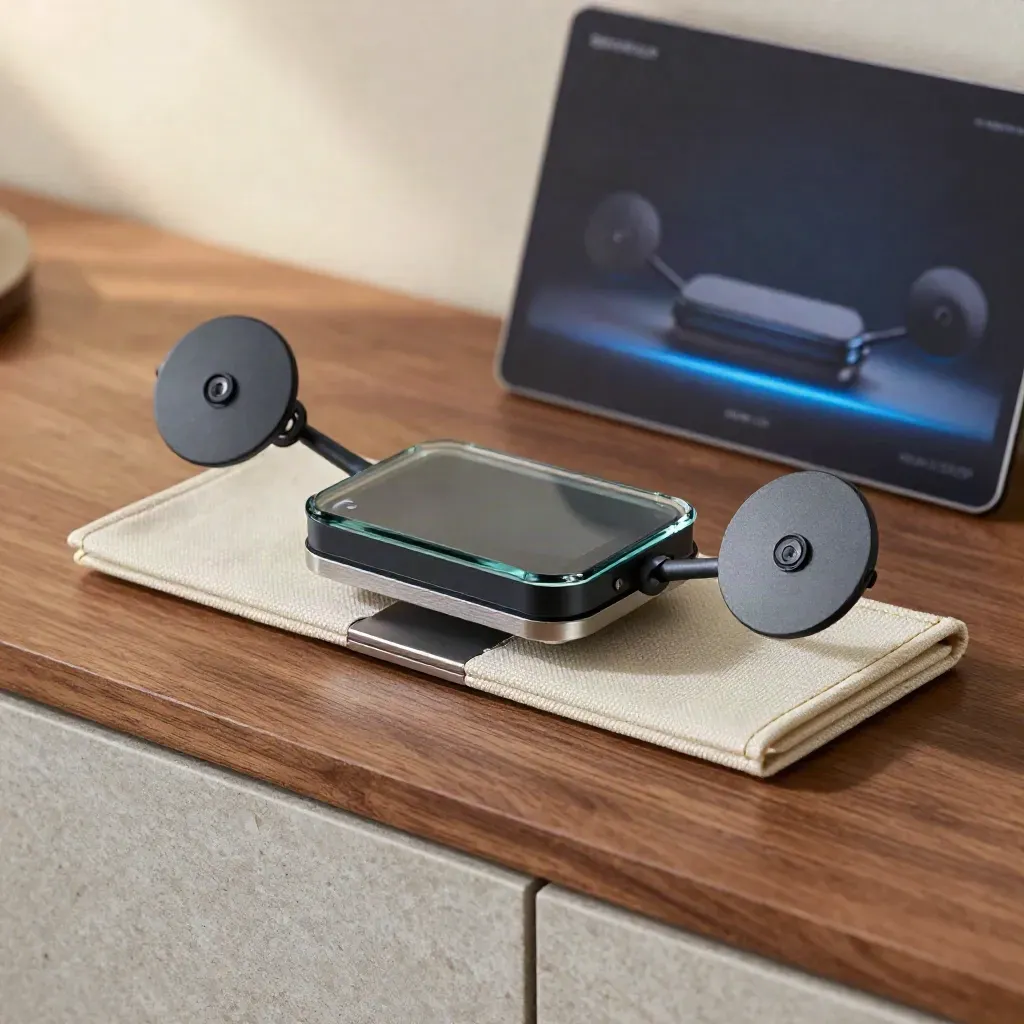 Matte glass tracker core with two linked pucks and a folded canvas dock on a walnut-stone console.