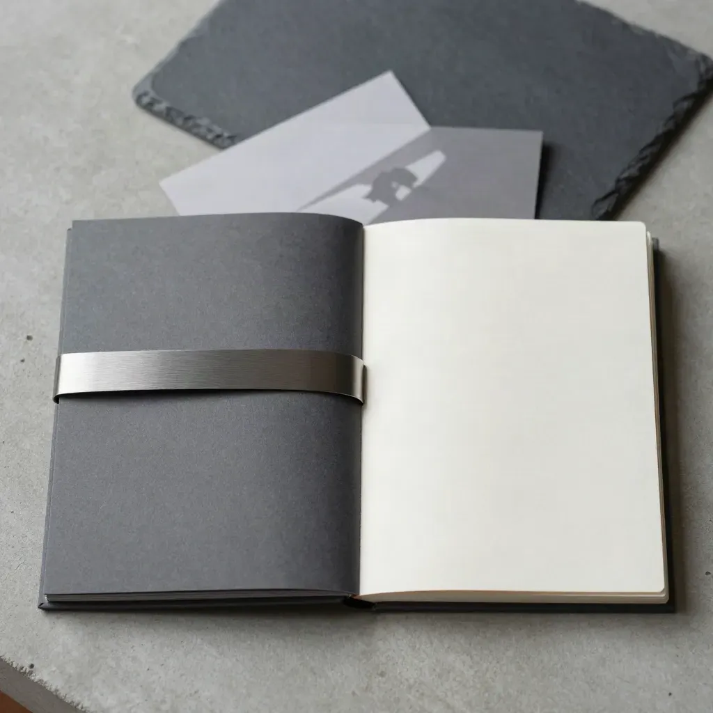 Charcoal report folio opened on concrete with stacked cards and a clean sealing band.